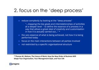 2. focus on the ‘deep process’
         reduce complexity by looking at the “deep process”
          – “…mapping the key goals and interrelationships of activities
             at a deeper level – to define the essence of a process in a
             way that allows a great deal of creativity and customisation
             in how it is actually carried out…” *
         the very essence of what is being achieved, not how it is being
         performed today
         focus on the main interactions between all parties involved
         not restricted by a specific organisational structure



* Thomas W. Malone, The Future of Work, How the New Order of Business Will
Shape Your Organization, Your Management Style, and Your Life
 