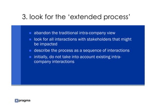 3. look for the ‘extended process’

   abandon the traditional intra-company view
   look for all interactions with stakeholders that might
   be impacted
   describe the process as a sequence of interactions
   initially, do not take into account existing intra-
   company interactions
 