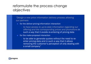 reformulate the process change
objectives

 “Design a new price information delivery process allowing
 our partners
    for the deliver-pricing-information interaction
     – to have access to up-to-date information regarding our
       offering and the corresponding prices and promotions in
       such a way that it avoids re-entering of pricing data
    for the make-proposal interaction
     – to be able to generate quotes without the need to re-
       enter pricing data and in such a way that it allows
       removing the customer’s perception of only dealing with
       a small company”
 