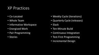 XP Practices
• Co-Located
• Whole Team
• Informative Workspace
• Energised Work
• Pair Programming
• Stories
• Weekly Cycle (iterations)
• Quarterly Cycle (releases)
• Slack
• Ten-Minute Build
• Continuous Integration
• Test-First Programming
• Incremental Design
 