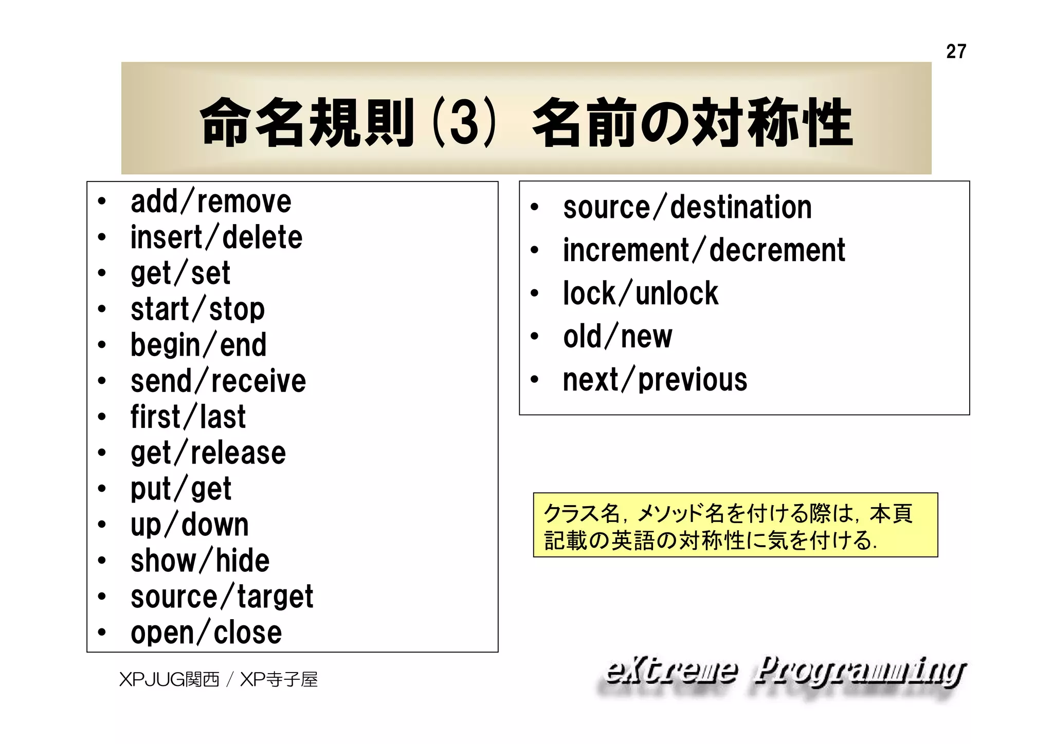 27

命名規則(3) 名前の対称性
•
•
•
•
•
•
•
•
•
•
•
•
•

add/remove
insert/delete
get/set
start/stop
begin/end
send/receive
first/last
get/release
put/get
up/down
show/hide
source/target
open/close
XPJUG関西 / XP寺子屋

•
•
•
•
•

source/destination
increment/decrement
lock/unlock
old/new
next/previous

クラス名，メソッド名を付ける際は，本頁
記載の英語の対称性に気を付ける．

 
