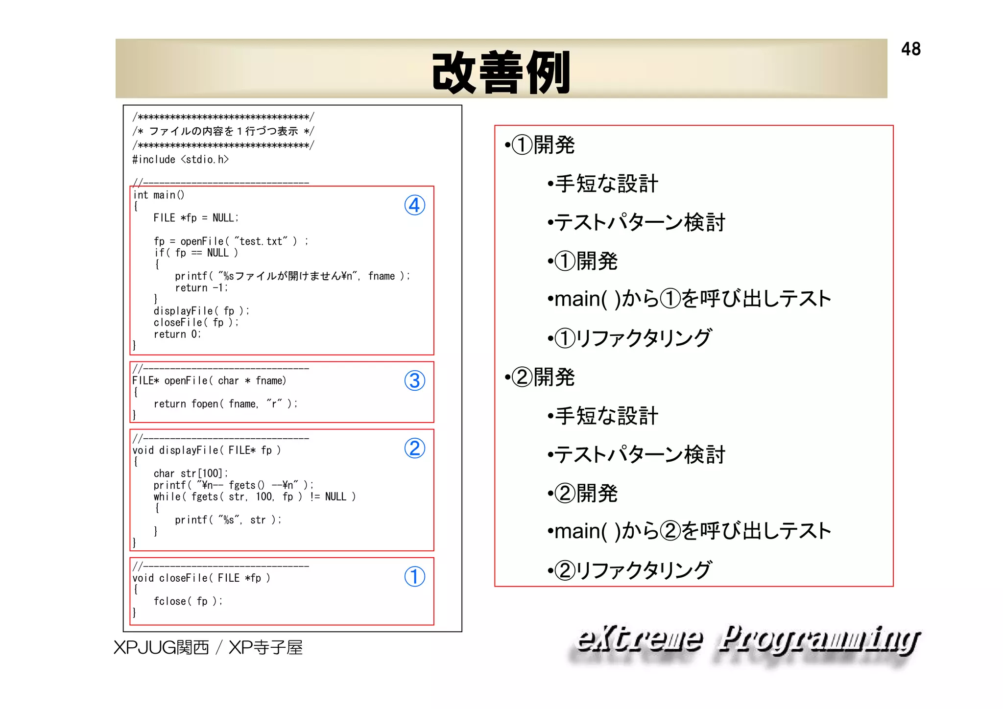 改善例
/********************************/
/* ファイルの内容を１行づつ表示 */
/********************************/
#include <stdio.h>
//------------------------------int main()
{
FILE *fp = NULL;

•①開発
④

fp = openFile( "test.txt" ) ;
if( fp == NULL )
{
printf( "%sファイルが開けません¥n", fname );
return -1;
}
displayFile( fp );
closeFile( fp );
return 0;
}
//------------------------------FILE* openFile( char * fname)
{
return fopen( fname, "r" );
}

③

•テストパターン検討
•①開発
•main( )から①を呼び出しテスト
•①リファクタリング
•②開発
•手短な設計

//------------------------------void displayFile( FILE* fp )
{
char str[100];
printf( "¥n-- fgets() --¥n" );
while( fgets( str, 100, fp ) != NULL )
{
printf( "%s", str );
}
}

②

//------------------------------void closeFile( FILE *fp )
{
fclose( fp );
}

①

XPJUG関西 / XP寺子屋

•手短な設計

•テストパターン検討
•②開発
•main( )から②を呼び出しテスト
•②リファクタリング

48

 