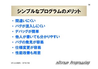 14

シンプルなプログラムのメリット
•
•
•
•
•
•
•

間違いにくい
バグが混入しにくい
デバッグが簡単
他人が書いても分かりやすい
バグの発見が容易
仕様変更が容易
性能改善も用意

XPJUG関西 / XP寺子屋

 