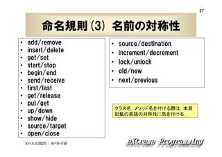 27

命名規則(3) 名前の対称性
•
•
•
•
•
•
•
•
•
•
•
•
•

add/remove
insert/delete
get/set
start/stop
begin/end
send/receive
first/last
get/release
put/get
up/down
show/hide
source/target
open/close
XPJUG関西 / XP寺子屋

•
•
•
•
•

source/destination
increment/decrement
lock/unlock
old/new
next/previous

クラス名，メソッド名を付ける際は，本頁
記載の英語の対称性に気を付ける．

 