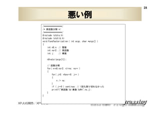 28

悪い例
/****************/
/* 素因数分解 */
/****************/
#include <stdio.h>
#include <stdlib.h>
void FuncFactorization ( int argc, char *argv[] )
{
int n0,n; // 整数
int ns=2; // 素因数
int j;
// 乗数
n0=atoi(argv[1]);
// 因数分解
for( n=n0,ns=2; n>=ns; ns++ )
{
for( j=0; n%ns==0; j++ )
{
n /= ns;
}
if ( j==0 ) continue; // 1回も割り切れなかった
printf("素因数:%d 乗数:%d¥n",ns,j);
}
}

XPJUG関西 / XP寺子屋

 