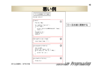 42

悪い例
/********************************/
/* ファイルの内容を１行づつ表示 */
/********************************/
#include <stdio.h>
//------------------------------int main()
{
FILE *fp = NULL;

①

fp = openFile( "test.txt" ) ;
if( fp == NULL )
{
printf( "%sファイルが開けません¥n", fname );
return -1;
}
displayFile( fp );
closeFile( fp );
return 0;
}
//------------------------------FILE* openFile( char * fname)
{
return fopen( fname, "r" );
}

②

//------------------------------void displayFile( FILE* fp )
{
char str[100];
printf( "¥n-- fgets() --¥n" );
while( fgets( str, 100, fp ) != NULL )
{
printf( "%s", str );
}
}
//------------------------------void closeFile( FILE *fp )
{
fclose( fp );
}

XPJUG関西 / XP寺子屋

③

④

①～④の順に開発する

 