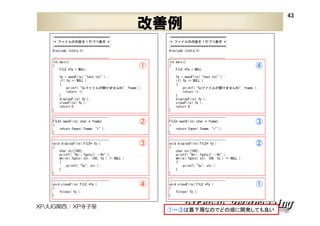 43

改善例
/********************************/
/* ファイルの内容を１行づつ表示 */
/********************************/
#include <stdio.h>

/********************************/
/* ファイルの内容を１行づつ表示 */
/********************************/
#include <stdio.h>

//------------------------------int main()
{
FILE *fp = NULL;

//------------------------------int main()
{
FILE *fp = NULL;

①

fp = openFile( "test.txt" ) ;
if( fp == NULL )
{
printf( "%sファイルが開けません¥n", fname );
return -1;
}
displayFile( fp );
closeFile( fp );
return 0;
}
//------------------------------FILE* openFile( char * fname)
{
return fopen( fname, "r" );
}

④

fp = openFile( "test.txt" ) ;
if( fp == NULL )
{
printf( "%sファイルが開けません¥n", fname );
return -1;
}
displayFile( fp );
closeFile( fp );
return 0;
}

②

//------------------------------FILE* openFile( char * fname)
{
return fopen( fname, "r" );
}

③

//------------------------------void displayFile( FILE* fp )
{
char str[100];
printf( "¥n-- fgets() --¥n" );
while( fgets( str, 100, fp ) != NULL )
{
printf( "%s", str );
}
}

③

//------------------------------void displayFile( FILE* fp )
{
char str[100];
printf( "¥n-- fgets() --¥n" );
while( fgets( str, 100, fp ) != NULL )
{
printf( "%s", str );
}
}

②

//------------------------------void closeFile( FILE *fp )
{
fclose( fp );
}

④

//------------------------------void closeFile( FILE *fp )
{
fclose( fp );
}

①

XPJUG関西 / XP寺子屋

①～③は最下層なのでどの順に開発しても良い

 