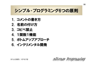 50

シンプル･プログラミング6つの原則
1.
2.
3.
4.
5.
6.

コメントの書き方
名前の付け方
コピペ禁止
１関数１機能
ボトムアップアプローチ
インクリメンタル開発

XPJUG関西 / XP寺子屋

 