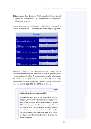 Redes de computadores              © FUOC • XP06/M2105/01496




3) Las redes de clase C reservan 24 bits para el identificador de red
   (con los tres primeros bits 1 1 0) y los 8 restantes son para el iden-
   tificador de estación.


Una vez que se conoce una dirección, es fácil saber si corresponde a
una red de clase A, B o C, como se puede ver en la figura siguiente:


                                 Figura 25.




La clase A está pensada para grandes empresas o corporaciones,
con muchos terminales por identificar; la clase B, para corpora-
ciones medianas; la clase C, para entornos mucho más peque-
ños; la clase D está destinada al tráfico multicast IP, y la clase E,
de momento, no tienen ningún uso concreto. La dirección comen-
tada con anterioridad (212.45.10.89) es de clase C.


                                                               Nota

         Classless Inter-Domain Routing (CIDR)
                                                                                                     ANOTACIONES


         El espacio de direcciones se está agotando a marchas
         forzadas y, si bien existen técnicas relacionadas con la se-
         guridad que ayudan a mitigar este problema (como el
         NAT, network address translation) el hecho de utilizar el
         concepto de “clase” ha agravado el problema: algunas
         corporaciones que han reservado una red clase A o B y
         sólo han aprovechado una pequeña parte de la misma,
         han dejado sin un buen trozo del espacio de direcciones
         al resto de Internet.

                                                                            79
 