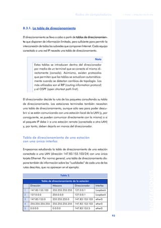 Redes de computadores              © FUOC • XP06/M2105/01496




8.3.1. La tabla de direccionamiento

El direccionamiento se lleva a cabo a partir de tablas de direccionamien-
to que disponen de información limitada, pero suficiente para permitir la
interconexión de todas las subredes que componen Internet. Cada equipo
conectado a una red IP necesita una tabla de direccionamiento.


                                                               Nota

         Estas tablas se introducen dentro del direccionador
         por medio de un terminal que se conecta al mismo di-
         rectamente (consola). Asimismo, existen protocolos
         que permiten que las tablas se actualicen automática-
         mente cuando se detectan cambios de topología. Los
         más utilizados son el RIP (routing information protocol)
         y el OSPF (open shortest path first).


El direccionador decide la ruta de los paquetes consultando su tabla
de direccionamiento. Las estaciones terminales también necesitan
una tabla de direccionamiento, aunque sólo sea para poder descu-
brir si se están comunicando con una estación local de la LAN (y, por
consiguiente, se pueden comunicar directamente con la misma) o si
el paquete IP debe ir a una estación remota (conectada a otra LAN)
y, por tanto, deben dejarlo en manos del direccionador.



Tabla de direccionamiento de una estación
con una única interfaz

Empezamos estudiando la tabla de direccionamiento de una estación
conectada a una LAN (dirección 147.83.153.103/24) con una única
tarjeta Ethernet. Por norma general, una tabla de direccionamiento dis-
pone también de información sobre las “cualidades” de cada una de las
rutas descritas, que no aparecen en el ejemplo:
                                                                                                     ANOTACIONES



                                  Tabla 2.

                  Tabla de direccionamiento de la estación
      Dirección            Máscara            Direccionador    Interfaz
 1    147.83.153.103       255.255.255.255    127.0.0.1        Loopback
 2    127.0.0.0            255.0.0.0          127.0.0.1        Loopback
 3    147.83.153.0         255.255.255.0      147.83.153.103   ether0
 4    255.255.255.255      255.255.255.255    147.83.153.103   ether0
 5    0.0.0.0              0.0.0.0            147.83.153.5     ether0


                                                                            93
 