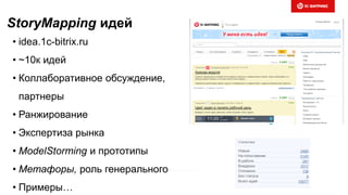StoryMapping идей
• idea.1c-bitrix.ru
• ~10к идей
• Коллаборативное обсуждение,
партнеры
• Ранжирование
• Экспертиза рынка
• ModelStorming и прототипы
• Метафоры, роль генерального
• Примеры…
 