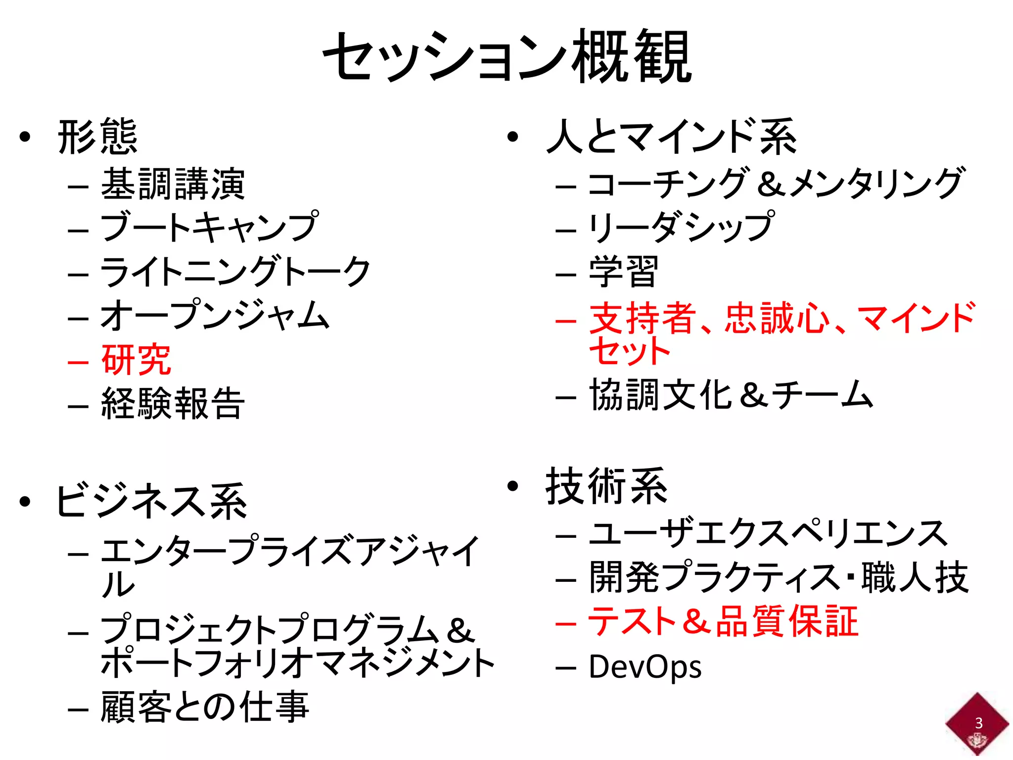 セッション概観 
• 形態 
– 基調講演 
– ブートキャンプ 
– ライトニングトーク 
– オープンジャム 
– 研究 
– 経験報告 
• ビジネス系 
– エンタープライズアジャイ 
ル 
– プロジェクトプログラム＆ 
ポートフォリオマネジメント 
– 顧客との仕事 
• 人とマインド系 
– コーチング＆メンタリング 
– リーダシップ 
– 学習 
– 支持者、忠誠心、マインド 
セット 
– 協調文化＆チーム 
• 技術系 
– ユーザエクスペリエンス 
– 開発プラクティス・職人技 
– テスト＆品質保証 
– DevOps 
3 
 