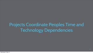 Projects Coordinate Peoples Time and
Technology Dependencies
24
Wednesday 27 May 15
 
