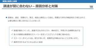 調達が間に合わない – 原因分析と対策 18
実際の運用と結果
 調達計画をつくった。調達するもののリスト、締め切り、予想される納期をあげる
 各々の調達は調達用のストーリーを切ってスプリント計画に組み込む。
 ストーリーポイントは0。待ちが多いが、実質的な作業は少ないことが多いので。
 進捗が分かるようにかんばんに追加
 調達は、選定、見積もり、発注、納品と検収という流れ。見積もり待ちや納品待ちで待たされて
必要な期日に間に合わないことがあった
 