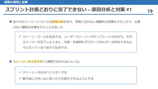 スプリント計画どおりに完了できない – 原因分析と対策 #1 19
実際の運用と結果
 ストーリーゴールを記述する。ユーザーストーリーのテンプレートの代わり。その
ストーリーが完了したときに、内部・外部問わずステークホルダーが何をできるよ
うになっているべきかで記述する
 各々のストーリーについての認識の差があり、現実に合わない楽観的な見積もりだったり、必要
のない無駄な作業を行うことがあった
 ストーリーはなるべく小さくする
 着手後に大きいなと思ったら分割もできるようにする
 ストーリーが大きすぎて2週間でおわらないレベル
 