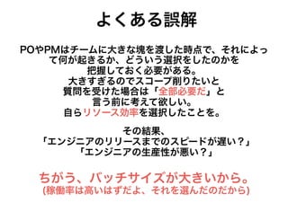 POやPMはチームに大きな塊を渡した時点で、それによっ
て何が起きるか、どういう選択をしたのかを
把握しておく必要がある。
大きすぎるのでスコープ削りたいと
質問を受けた場合は「全部必要だ」と
言う前に考えて欲しい。
自らリソース効率を選択したことを。
その結果、
「エンジニアのリリースまでのスピードが遅い？」
「エンジニアの生産性が悪い？」
ちがう、バッチサイズが大きいから。
(稼働率は高いはずだよ、それを選んだのだから)
よくある話
 