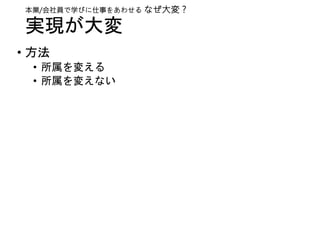 • 方法
• 所属を変える
• 所属を変えない
本業/会社員で学びに仕事をあわせる なぜ大変？
実現が大変
 