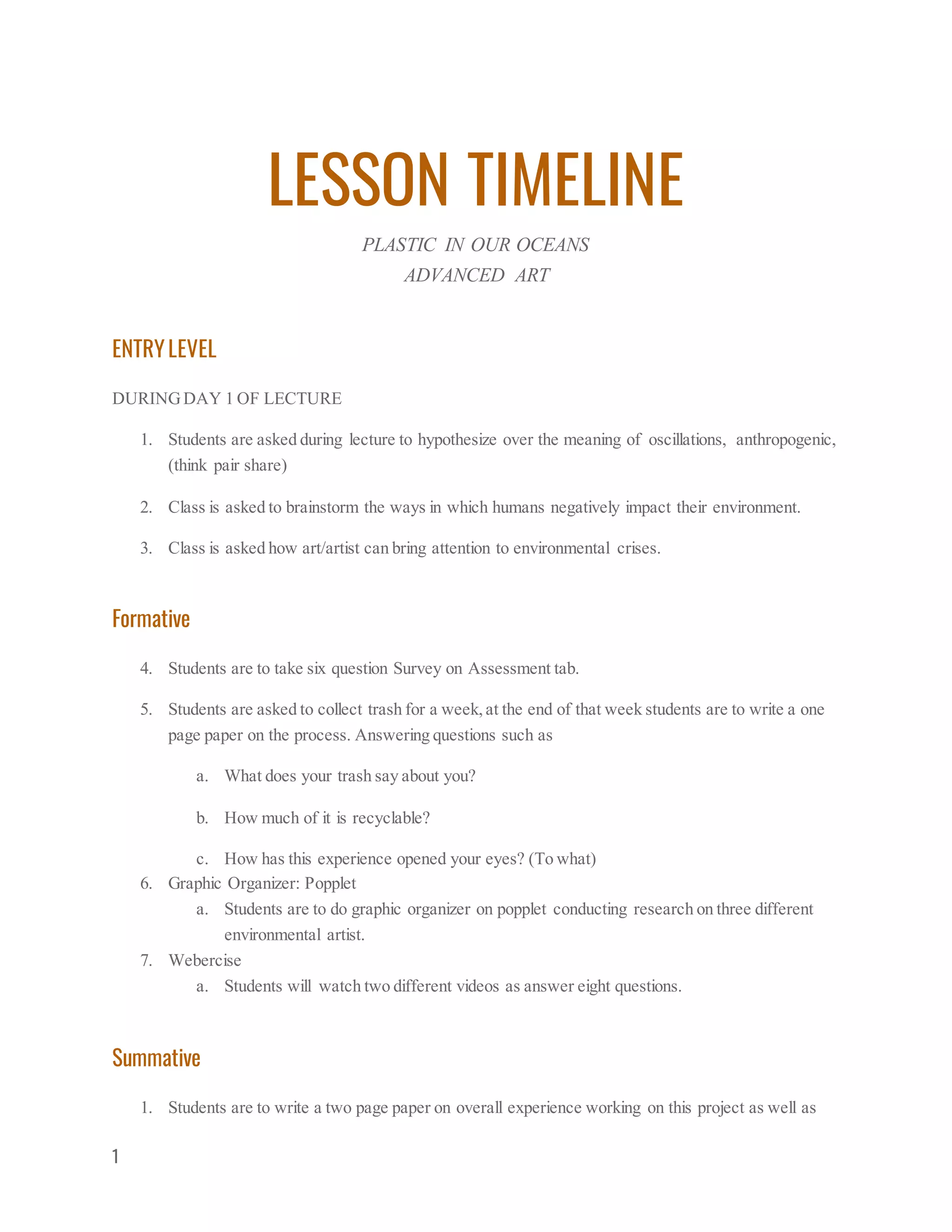 Lesson timeline | DOCX | Arts and Crafts | Hobbies & Interests