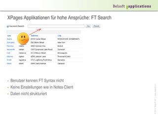XPages Applikationen für hohe Ansprüche: FT Search




- Benutzer kennen FT Syntax nicht




                                                     © 2013 Belsoft AG | www.belsoft.ch
- Keine Einstellungen wie in Notes Client
- Daten nicht strukturiert
 