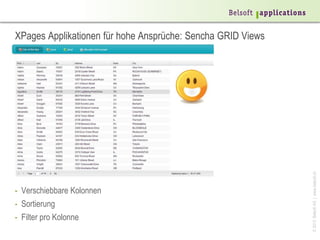 XPages Applikationen für hohe Ansprüche: Sencha GRID Views




                                                             © 2013 Belsoft AG | www.belsoft.ch
- Verschiebbare Kolonnen
- Sortierung
- Filter pro Kolonne
 