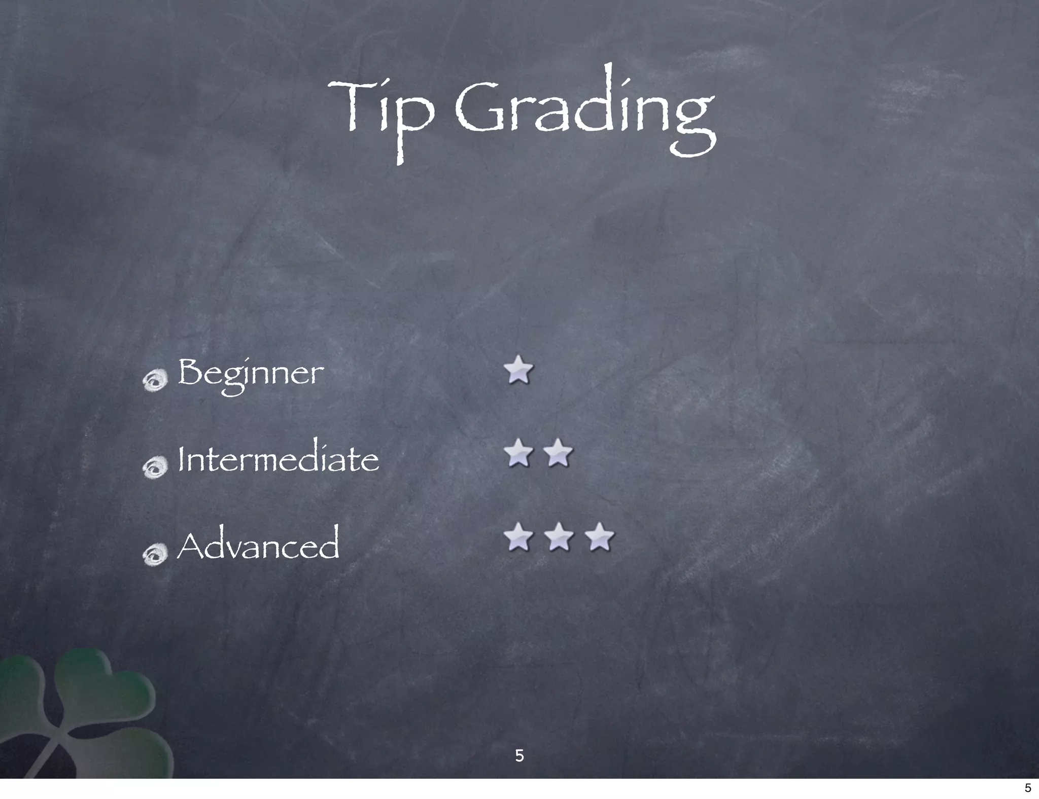 Tip Grading


Beginner

Intermediate

Advanced




                5
                         5
 