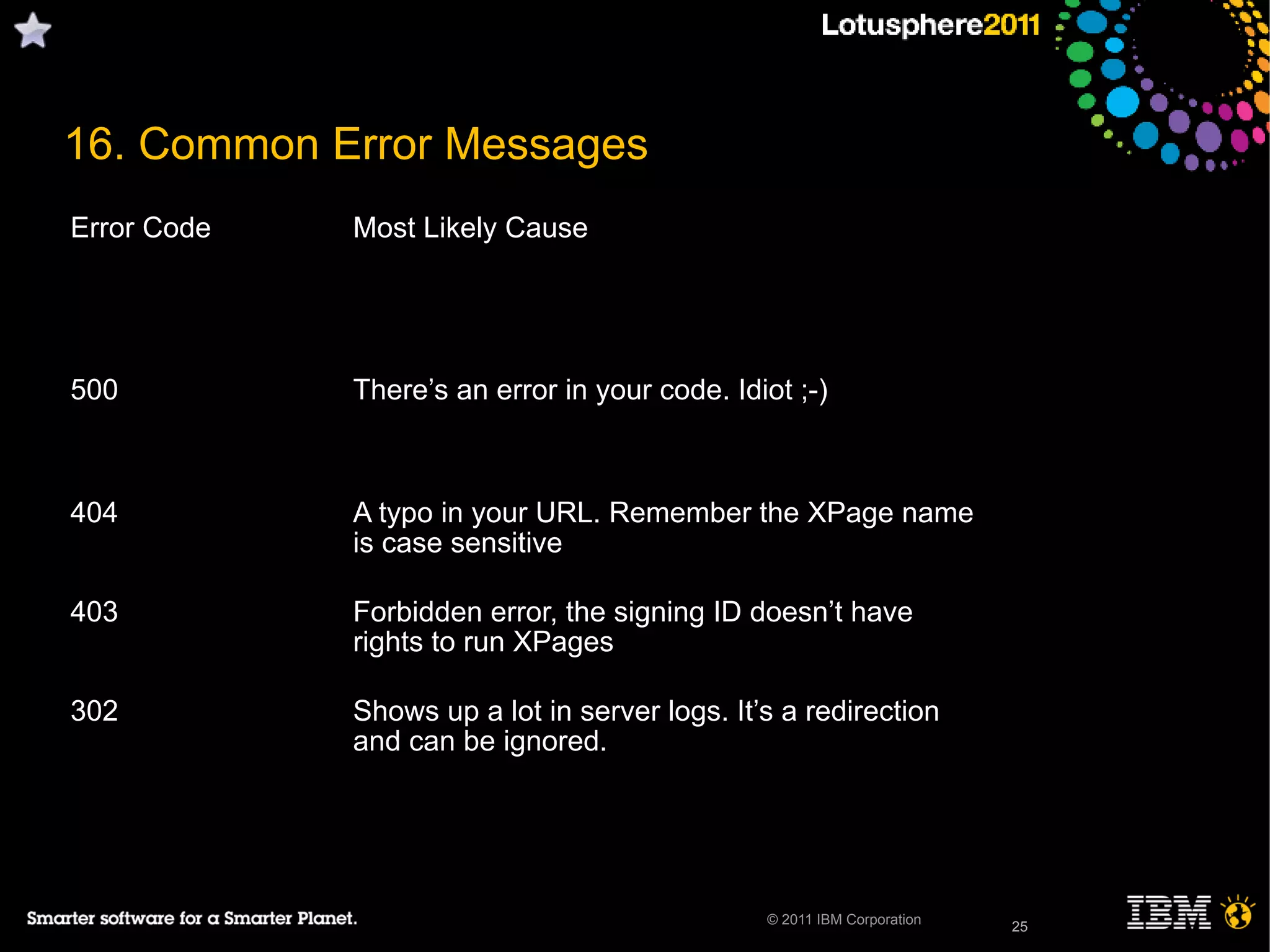 25© 2011 IBM Corporation 25
Error Code Most Likely Cause
500 There’s an error in your code. Idiot ;-)
404 A typo in your URL. Remember the XPage name
is case sensitive
403 Forbidden error, the signing ID doesn’t have
rights to run XPages
302 Shows up a lot in server logs. It’s a redirection
and can be ignored.
16. Common Error Messages
 