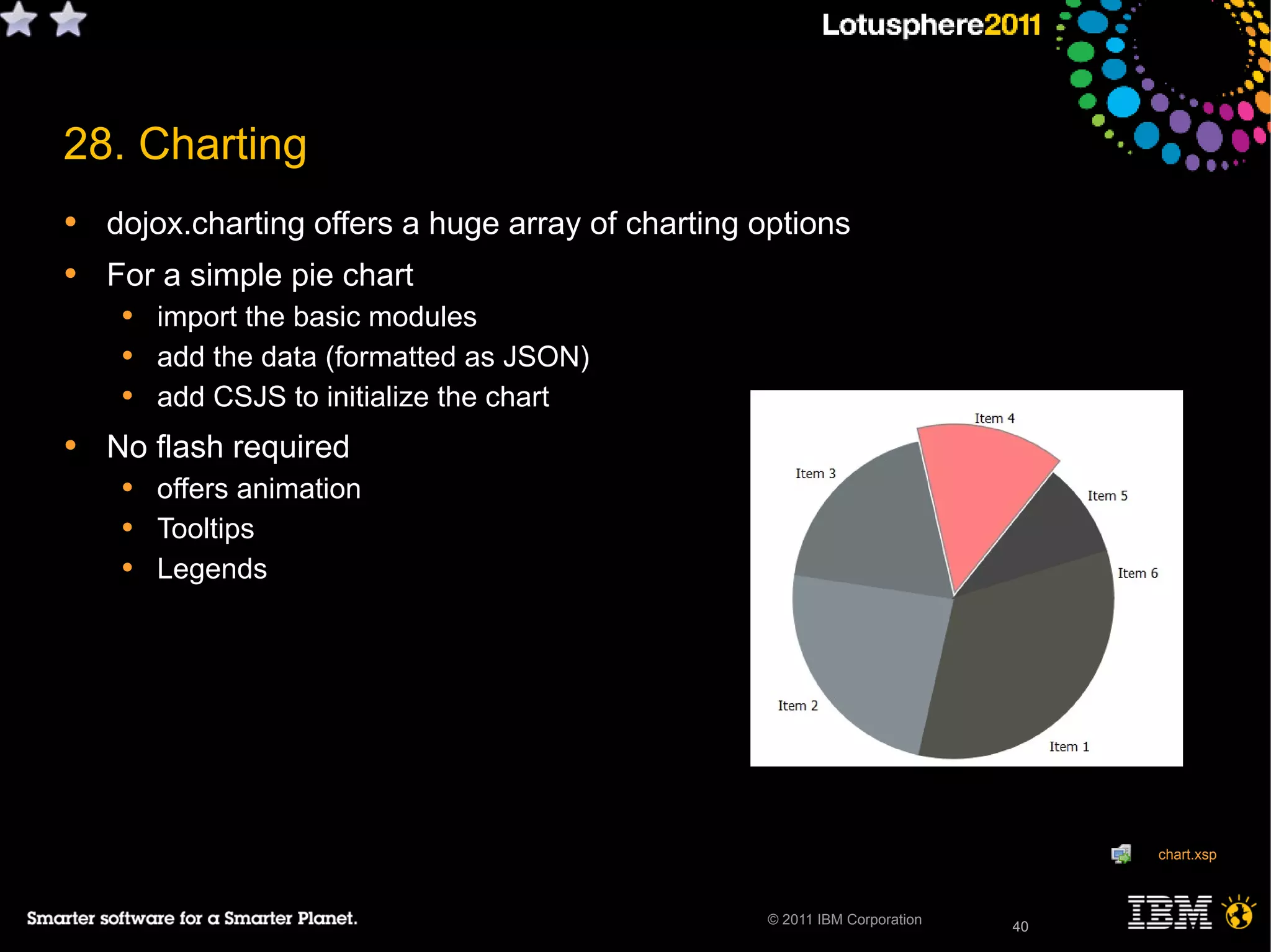 40© 2011 IBM Corporation
28. Charting
• dojox.charting offers a huge array of charting options
• For a simple pie chart
• import the basic modules
• add the data (formatted as JSON)
• add CSJS to initialize the chart
• No flash required
• offers animation
• Tooltips
• Legends
40
chart.xsp
 