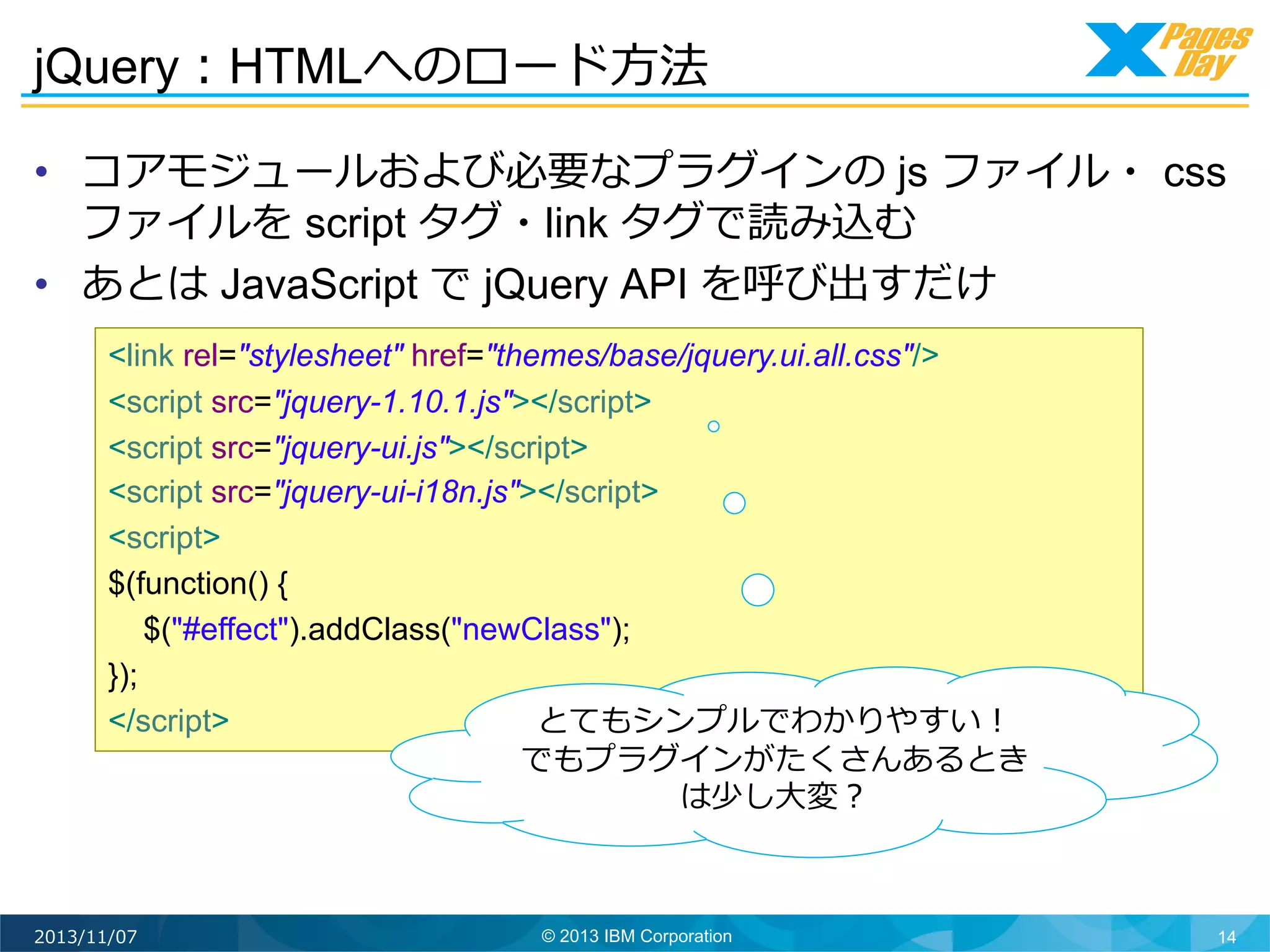 jQuery：HTMLへのロード⽅方法	
  
•  コアモジュールおよび必要なプラグインの js ファイル・ css
ファイルを script タグ・link タグで読み込む
•  あとは JavaScript で jQuery API を呼び出すだけ
<link rel="stylesheet" href="themes/base/jquery.ui.all.css"/>
<script src="jquery-1.10.1.js"></script>
<script src="jquery-ui.js"></script>
<script src="jquery-ui-i18n.js"></script>
<script>
$(function() {
$("#effect").addClass("newClass");
});
</script>
とてもシンプルでわかりやすい！
でもプラグインがたくさんあるとき
は少し⼤大変？	
  

2013/11/07

© 2013 IBM Corporation

14

 