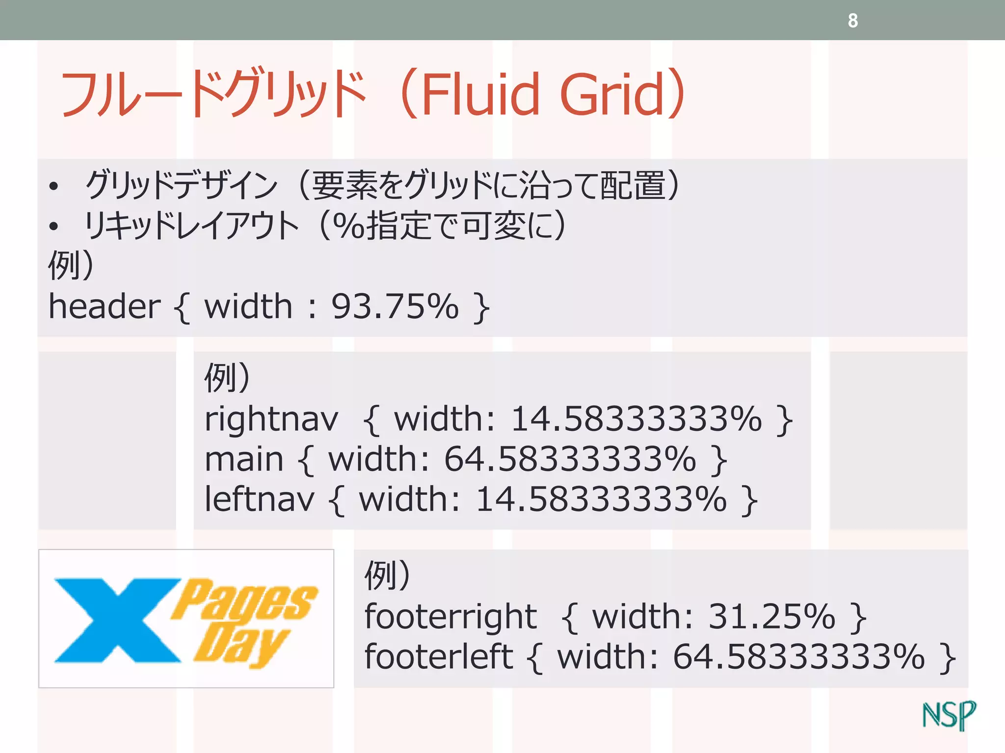 8

フルードグリッド（Fluid Grid）
• グリッドデザイン（要素をグリッドに沿って配置）
• リキッドレイアウト（％指定で可変に）
例）
header { width : 93.75% }
例）
rightnav { width: 14.58333333% }
main { width: 64.58333333% }
leftnav { width: 14.58333333% }
例）
footerright { width: 31.25% }
footerleft { width: 64.58333333% }

 