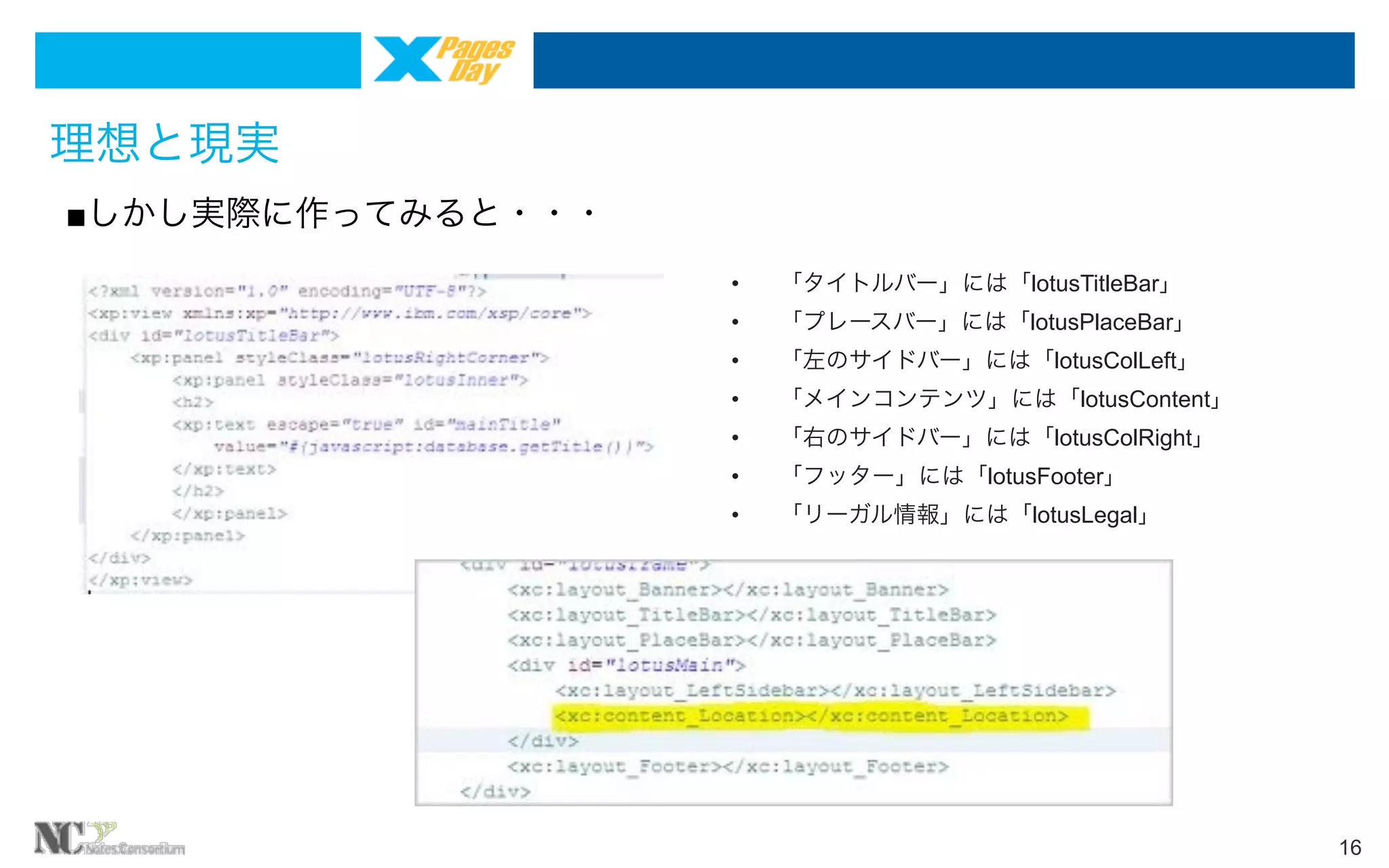 理想と現実
■しかし実際に作ってみると・・・
•

「タイトルバー」には「lotusTitleBar」

•

「プレースバー」には「lotusPlaceBar」

•

「左のサイドバー」には「lotusColLeft」

•

「メインコンテンツ」には「lotusContent」

•

「右のサイドバー」には「lotusColRight」

•

「フッター」には「lotusFooter」

•

「リーガル情報」には「lotusLegal」

16

 