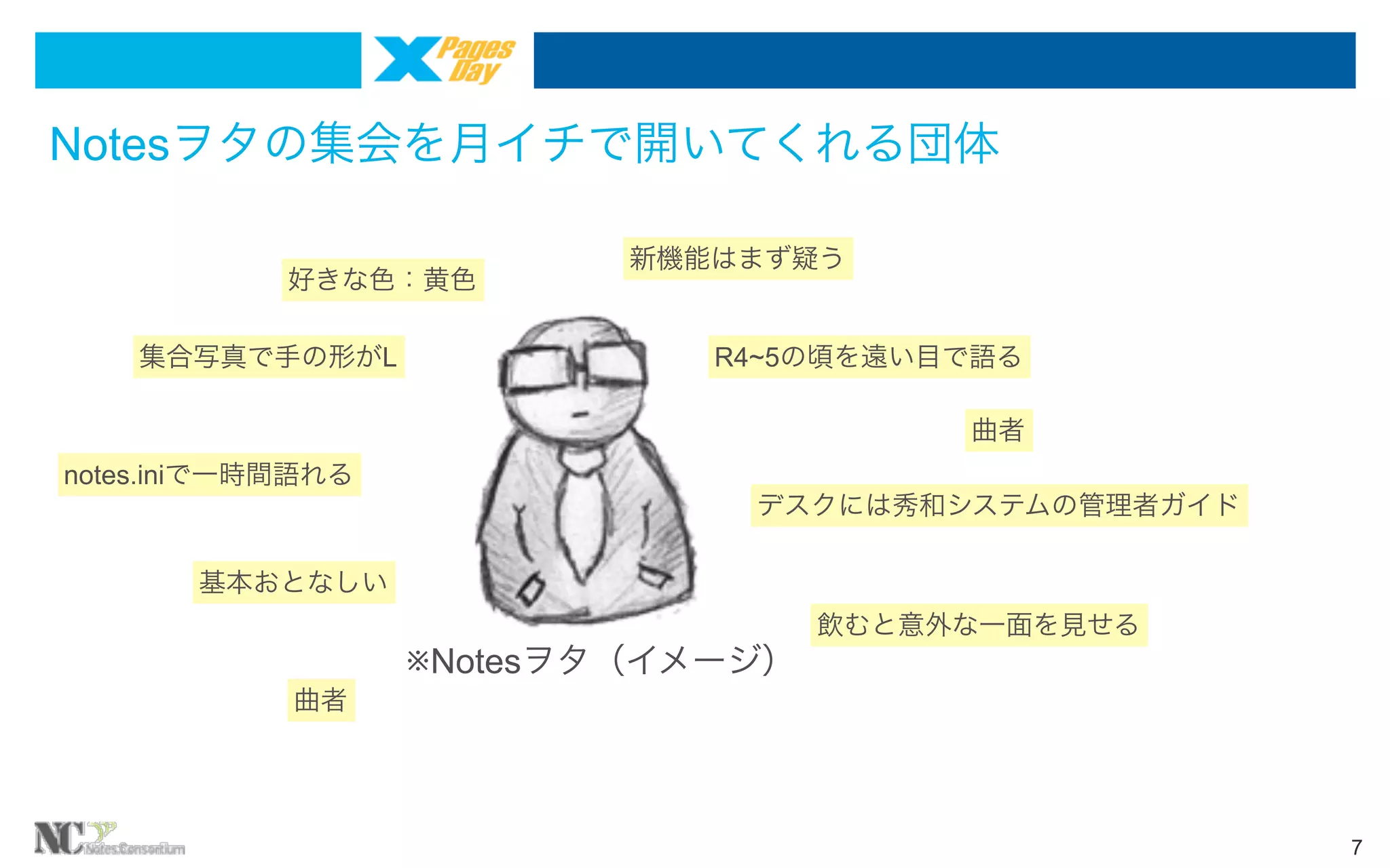 Notesヲタの集会を月イチで開いてくれる団体
好きな色：黄色
集合写真で手の形がL

新機能はまず疑う

R4~5の頃を遠い目で語る
曲者

notes.iniで一時間語れる
デスクには秀和システムの管理者ガイド
基本おとなしい
飲むと意外な一面を見せる

※Notesヲタ（イメージ）
曲者

7

 