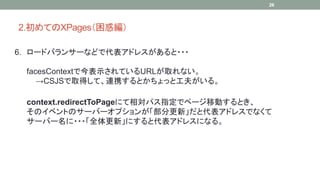 2.ƤXPages󾎣 
6. `ɥХ󥵩`ʤɤǴɥ쥹??? 
facesContextǽʾƤURLȡʤ 
CSJSȡäơBЯȤäȹ򤬤롣 
26 
context.redirectToPageˤѥָǥک`ƄӤȤ 
Υ٥ȤΥ`Щ`ץ󤬡ָ¡ȴɥ쥹Ǥʤ 
`Щ`???ȫ¡ˤȴɥ쥹ˤʤ롣 
 