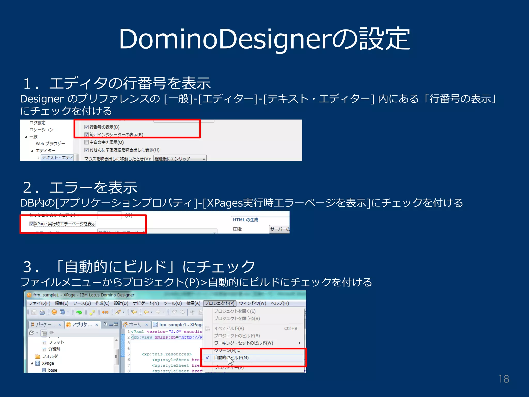 DominoDesignerの設定 
１．エディタの行番号を表示 Designer のプリファレンスの [一般]-[エディター]-[テキスト・エディター] 内にある「行番号の表示」 にチェックを付ける ２．エラーを表示 DB内の[アプリケーションプロパティ]-[XPages実行時エラーページを表示]にチェックを付ける ３．「自動的にビルド」にチェック ファイルメニューからプロジェクト(P)>自動的にビルドにチェックを付ける 
18  