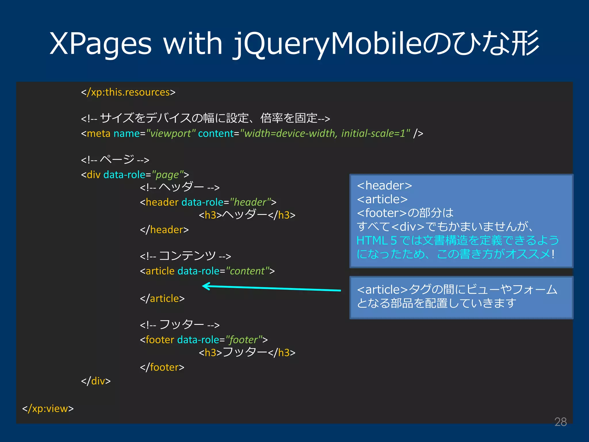 </xp:this.resources> 
<!-- サイズをデバイスの幅に設定、倍率を固定--> 
<meta name="viewport" content="width=device-width, initial-scale=1" /> 
<!-- ページ --> 
<div data-role="page"> 
<!-- ヘッダー --> 
<header data-role="header"> 
<h3>ヘッダー</h3> 
</header> 
<!-- コンテンツ --> 
<article data-role="content"> 
</article> 
<!-- フッター --> 
<footer data-role="footer"> 
<h3>フッター</h3> 
</footer> 
</div> 
</xp:view> 
XPages with jQueryMobileのひな形 
<header> <article> <footer>の部分は すべて<div>でもかまいませんが、 HTML５では文書構造を定義できるよう になったため、この書き方がオススメ! 
<article>タグの間にビューやフォーム となる部品を配置していきます 
28  