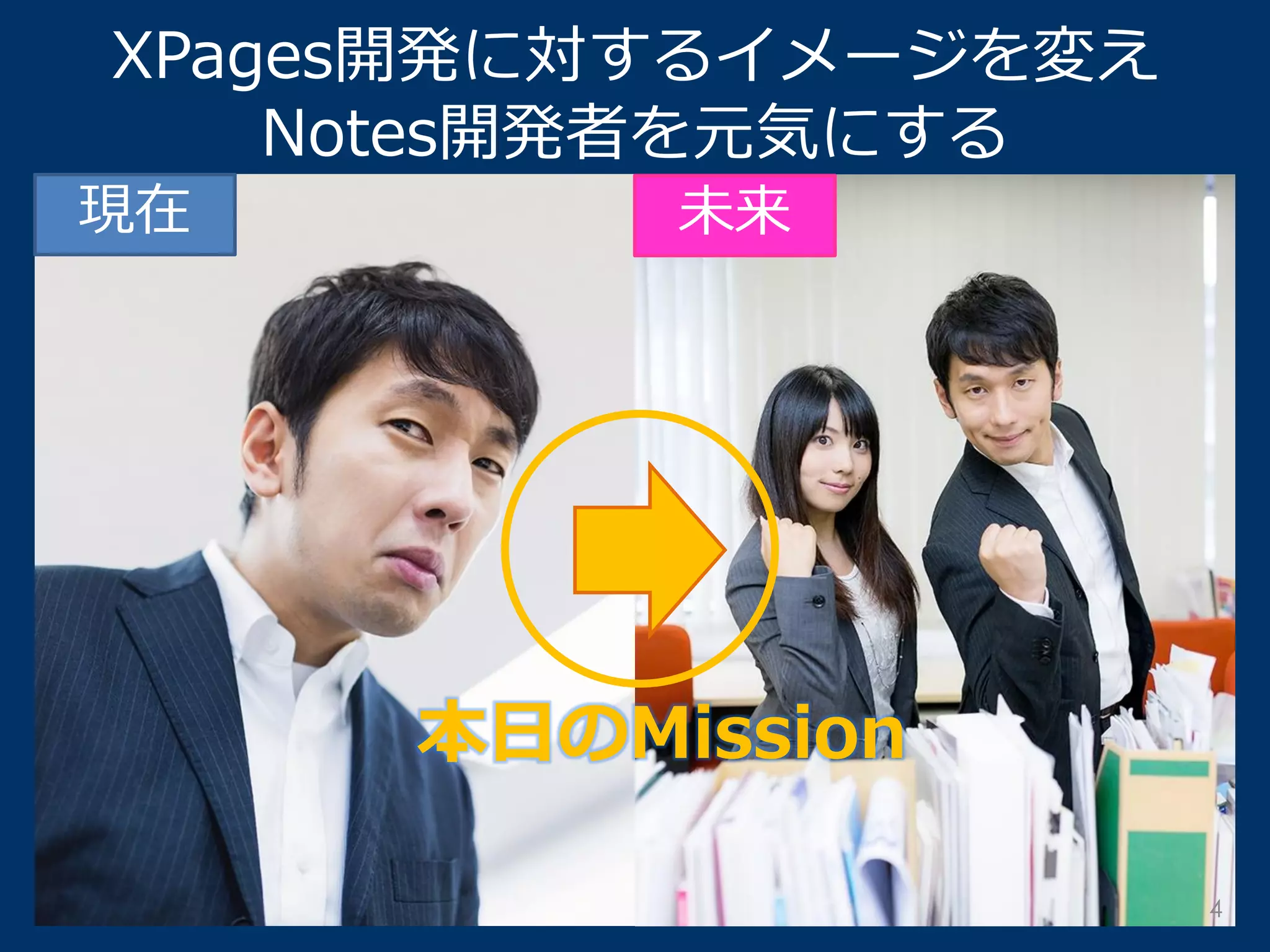 XPages開発に対するイメージを変え Notes開発者を元気にする 
現在 
未来 
本日のMission 
4  