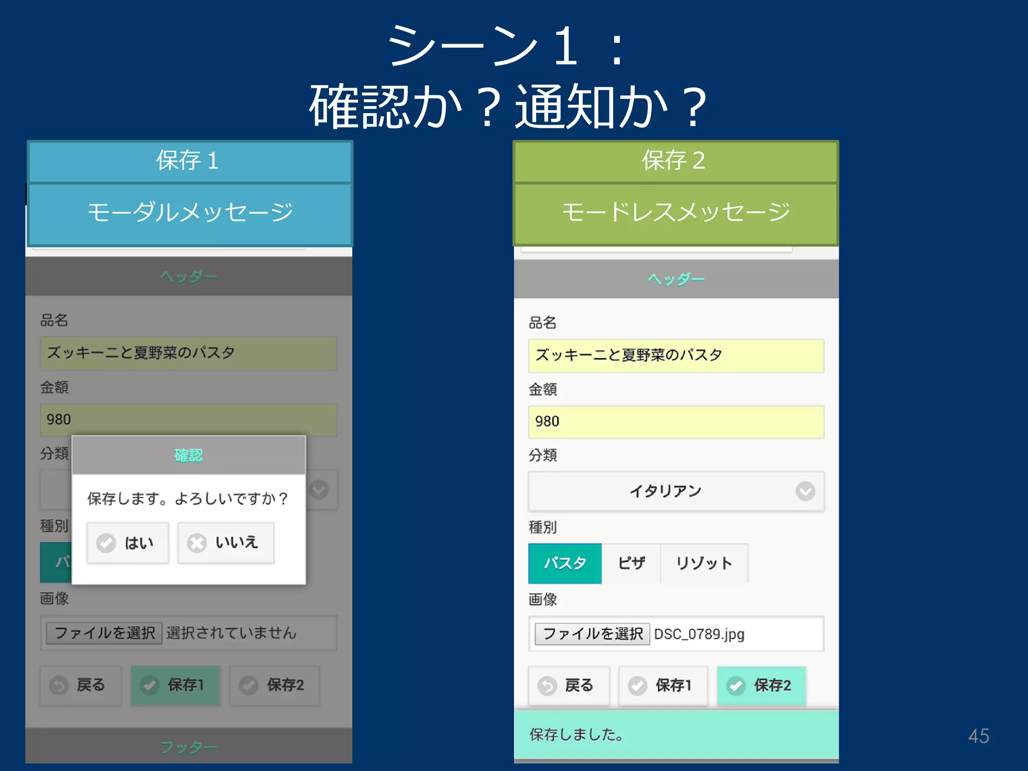 シーン１： 確認か？通知か？ 
保存１ 
保存２ 
モーダルメッセージ 
モードレスメッセージ 
45  