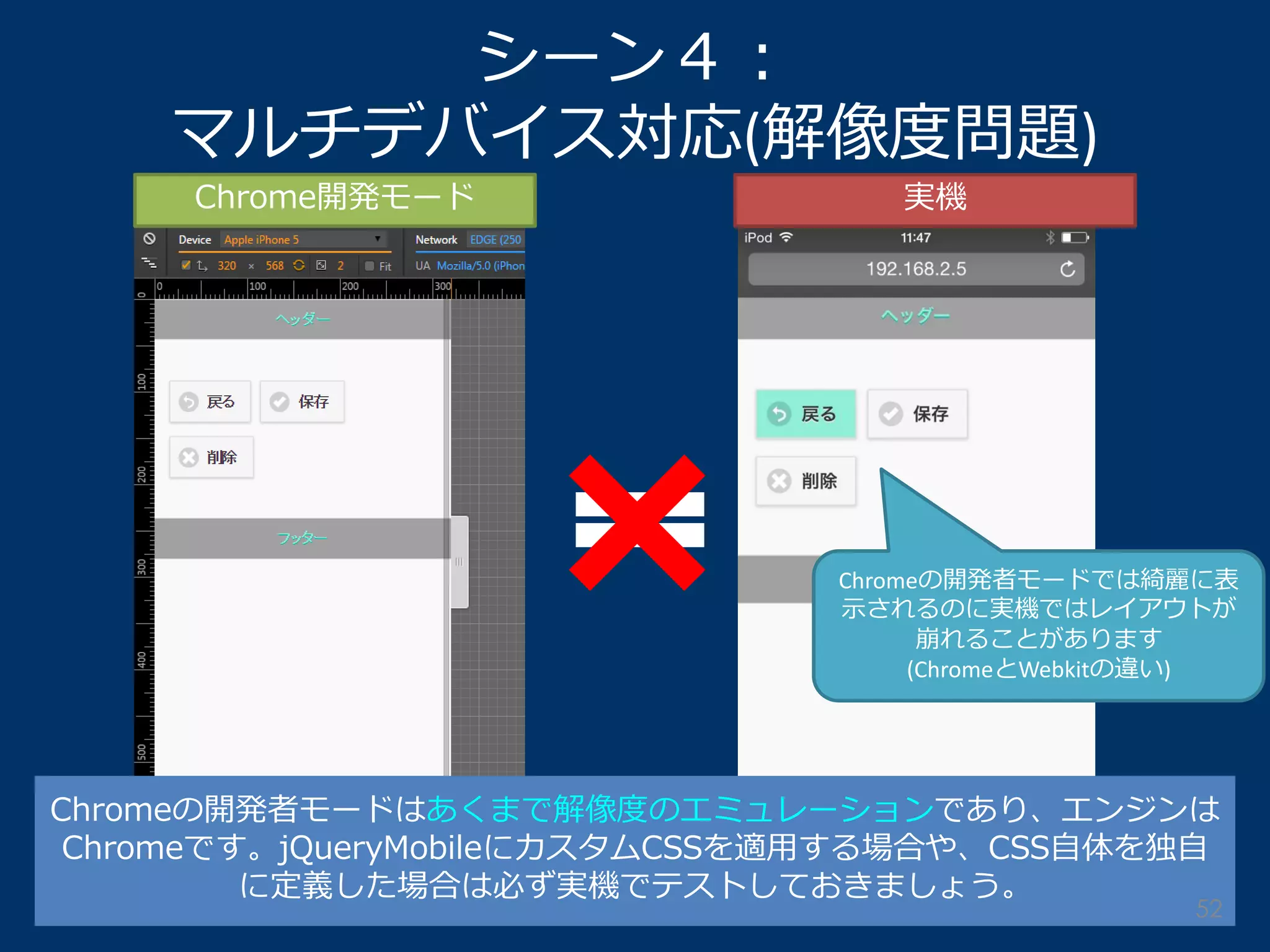 シーン４： マルチデバイス対応(解像度問題) 
Chrome開発モード 
実機 
Chromeの開発者モードでは綺麗に表 示されるのに実機ではレイアウトが 崩れることがあります (ChromeとWebkitの違い) 
Chromeの開発者モードはあくまで解像度のエミュレーションであり、エンジンは Chromeです。jQueryMobileにカスタムCSSを適用する場合や、CSS自体を独自 に定義した場合は必ず実機でテストしておきましょう。 
52  