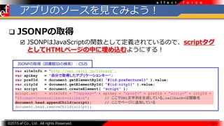?2015 ef Co., Ltd. All rights Reserved.
f o r c ee f f e c t
ץΥ`ҊƤߤ褦
? JSONPȡ
? JSONPJavaScriptvȤƶxƤΤǡscript
ȤHTMLک`Фz褦ˤ룡
 24 
var /ssuser40c5c0/xpagesday-2015-rest/siteInfo = "http://api.calil.jp/library";
var apikey = "Է֤ȡäץꥱ`󥭩`";
var prefId = document.getElementById( "#{id:prefecture1}" ).value;
var cityId = document.getElementById( "#{id:city1}" ).value;
var script = document.createElement( "script" );
script.src = /ssuser40c5c0/xpagesday-2015-rest/siteInfo + ?appkey= + apikey + &pref= + prefId + &city= + cityId +
&format=json&callback=callback; // URLФɤƤ롣callback=v
document.head.appendChild(script); // ǥک`׷ӤƤ
document.head.removeChild(script);
JSONPȡã^IDΗCSJS
 