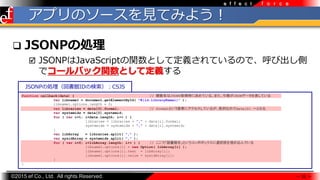 ?2015 ef Co., Ltd. All rights Reserved.
f o r c ee f f e c t
ץΥ`ҊƤߤ褦
? JSONP΄I
? JSONPJavaScriptvȤƶxƤΤǡӳ
ǥ`ХåvȤƶx
 25 
function callback(data) { // vJSONPȡÕr˛QƤ롣ޤJSONǩ`Ƥ
var libname1 = document.getElementById( "#{id:libraryName1}" );
libname1.options.length = 0;
var libraries = data[0].formal; // formalȤҪؤ˥Ƥ뤬ФʤΤdata[0].Ȥʤ
var systemids = data[0].systemid;
for ( var i=1; i<data.length; i++ ) {
libraries = libraries + "," + data[i].formal;
systemids = systemids + "," + data[i].systemid;
}
var libArray = libraries.split( "," );
var sysidArray = systemids.split( "," );
for ( var i=0; i<libArray.length; i++ ) { // ǡ^Ȥܥܥåxk֫zǤ
libname1.options[i] = new Option( libArray[i] );
libname1.options[i].text = libArray[i];
libname1.options[i].value = sysidArray[i];
}
}
JSONP΄I^IDΗCSJS
 