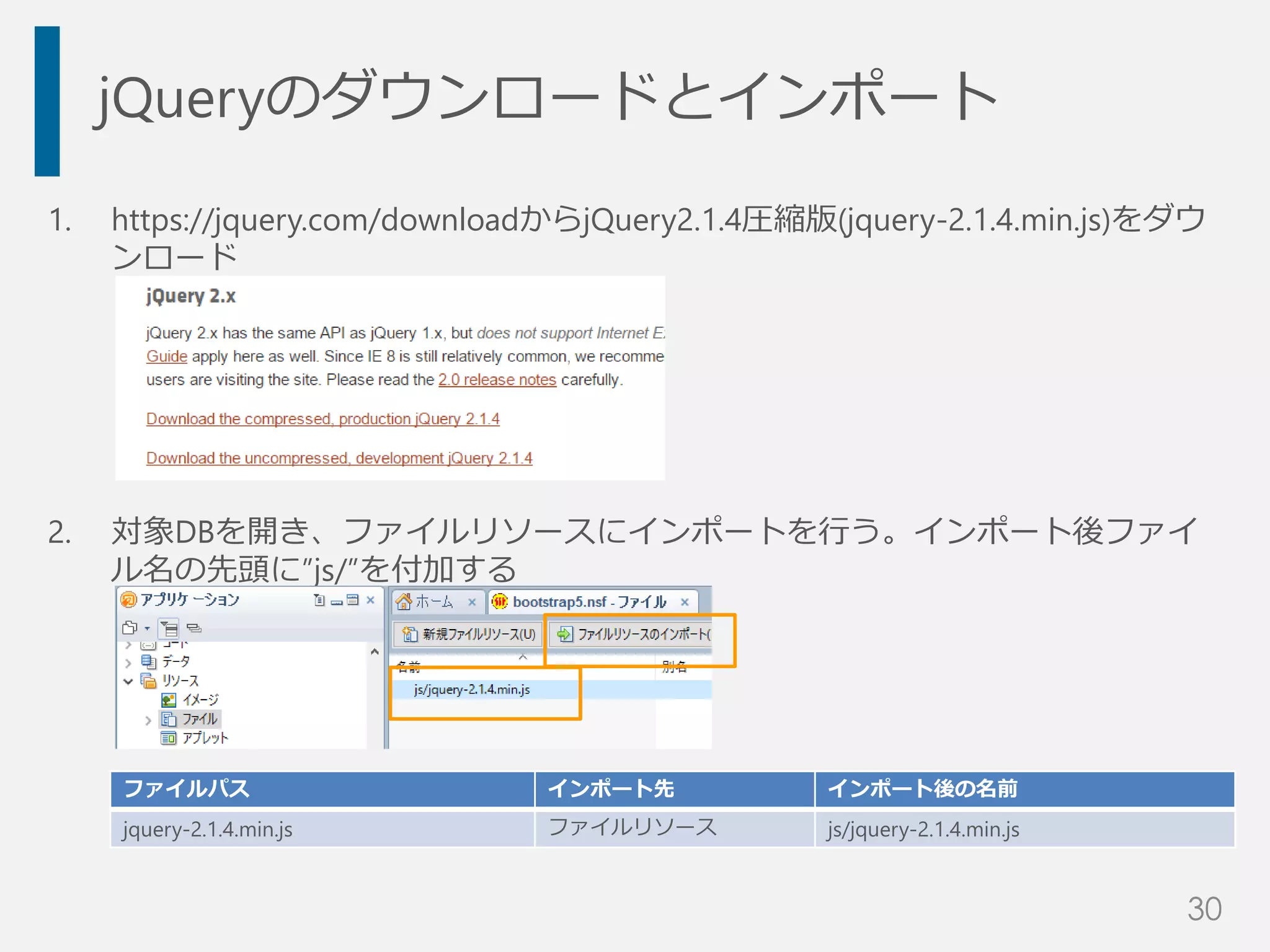 jQueryのダウンロードとインポート
1. https://jquery.com/downloadからjQuery2.1.4圧縮版(jquery-2.1.4.min.js)をダウ
ンロード
2. 対象DBを開き、ファイルリソースにインポートを行う。インポート後ファイ
ル名の先頭に”js/”を付加する
ファイルパス インポート先 インポート後の名前
jquery-2.1.4.min.js ファイルリソース js/jquery-2.1.4.min.js
30
 