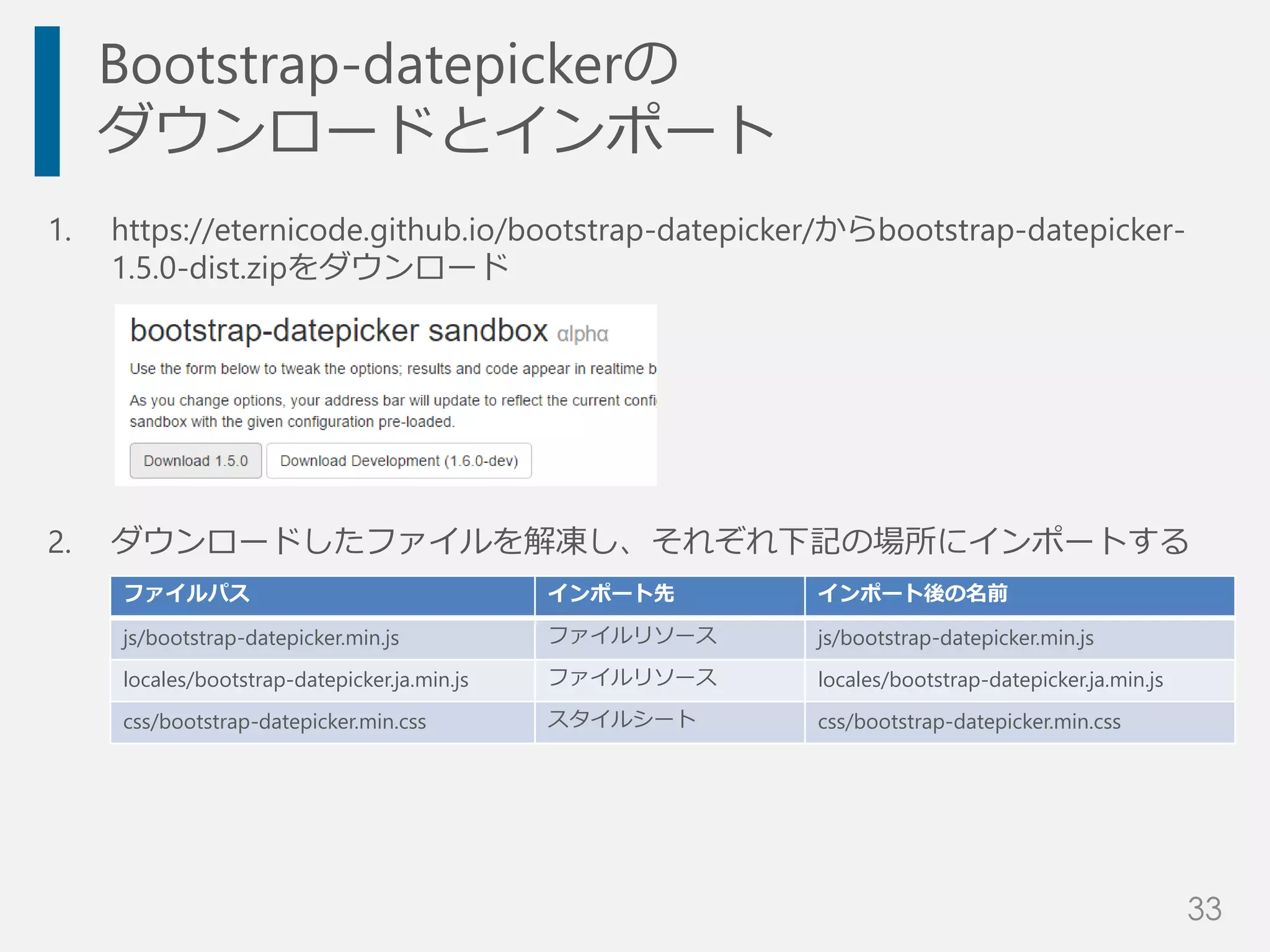 Bootstrap-datepickerの
ダウンロードとインポート
1. https://eternicode.github.io/bootstrap-datepicker/からbootstrap-datepicker-
1.5.0-dist.zipをダウンロード
2. ダウンロードしたファイルを解凍し、それぞれ下記の場所にインポートする
ファイルパス インポート先 インポート後の名前
js/bootstrap-datepicker.min.js ファイルリソース js/bootstrap-datepicker.min.js
locales/bootstrap-datepicker.ja.min.js ファイルリソース locales/bootstrap-datepicker.ja.min.js
css/bootstrap-datepicker.min.css スタイルシート css/bootstrap-datepicker.min.css
33
 