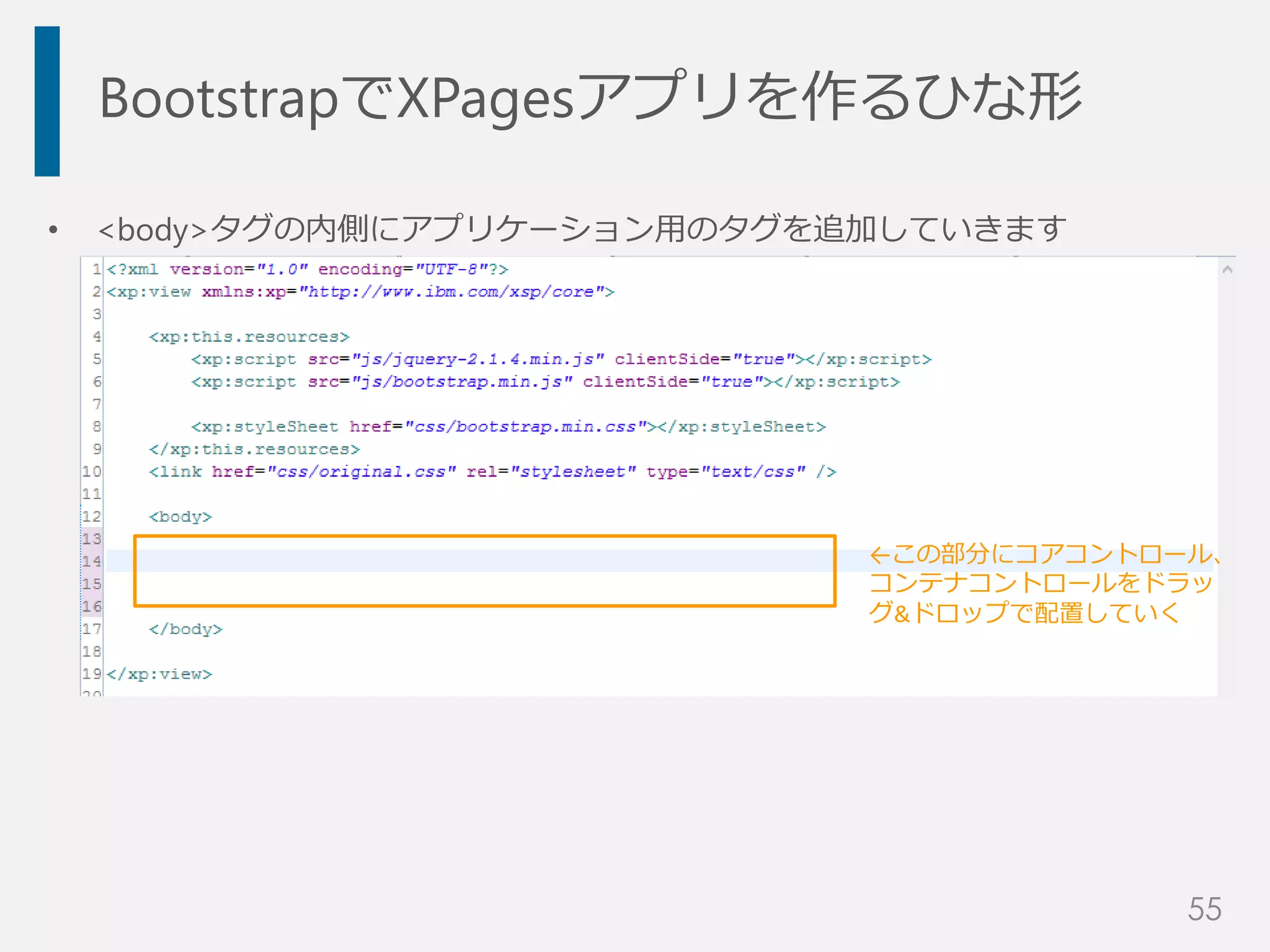 BootstrapでXPagesアプリを作るひな形
• <body>タグの内側にアプリケーション用のタグを追加していきます
←この部分にコアコントロール、
コンテナコントロールをドラッ
グ&ドロップで配置していく
55
 