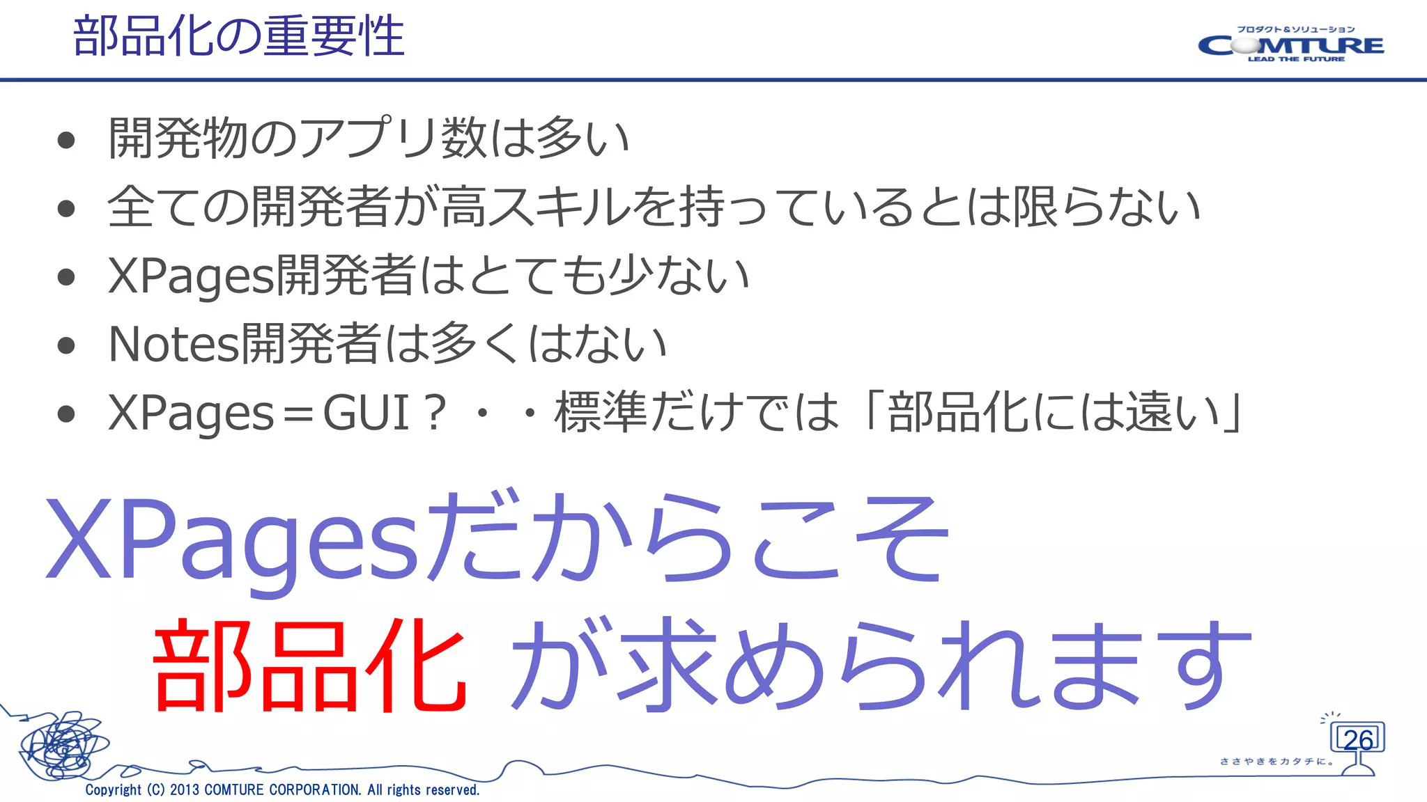 部品化の重要性
•
•
•
•
•

開発物のアプリ数は多い
全ての開発者が高スキルを持っているとは限らない
XPages開発者はとても少ない
Notes開発者は多くはない
XPages＝GUI？・・標準だけでは「部品化には遠い」

XPagesだからこそ
部品化 が求められます
26
Copyright (C) 2013 COMTURE CORPORATION. All rights reserved.

 