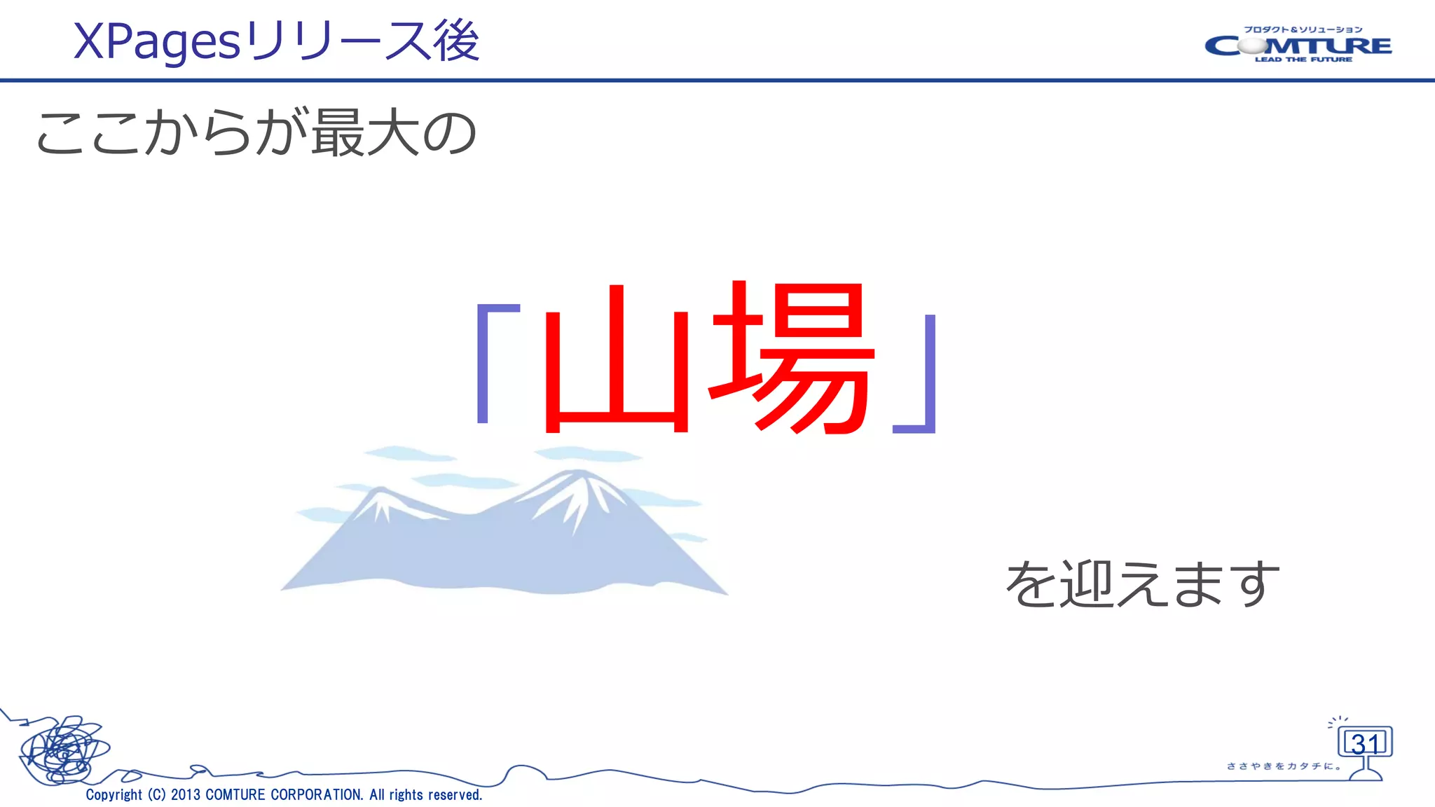 XPagesリリース後

ここからが最大の

「山場」
を迎えます
31
Copyright (C) 2013 COMTURE CORPORATION. All rights reserved.

 