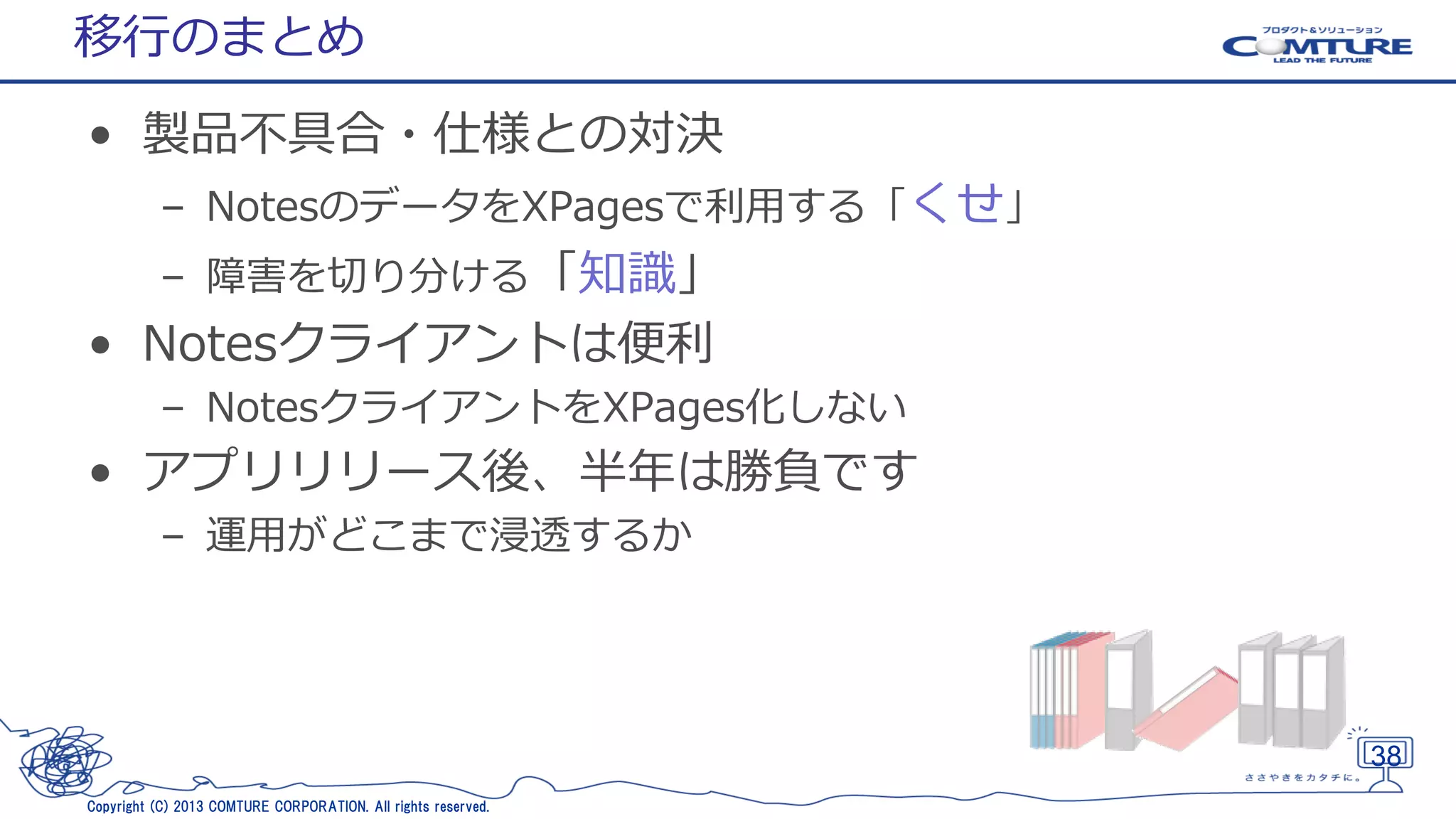 移行のまとめ
• 製品不具合・仕様との対決
– NotesのデータをXPagesで利用する「くせ」
– 障害を切り分ける「知識」

• Notesクライアントは便利
– NotesクライアントをXPages化しない

• アプリリリース後、半年は勝負です
– 運用がどこまで浸透するか

38
Copyright (C) 2013 COMTURE CORPORATION. All rights reserved.

 