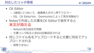 対応したリッチ障害
• CK Editor
– 1画面に2つおいて、画像挿入ボタン押下でエラー
– OS、CK EditorVer、DominoVerによって発生有無あり

• Notesで作成した文書をCK Editorで保存すると

本文が消える

– Notesの余白設定が問題
– 文書リンク貼ると余白は自動設定される

• 同じファイル名をアップロードすると文書に同名でアッ
プロードされる
– 削除できない
18
Copyright (C) 2013 COMTURE CORPORATION. All rights reserved.

 