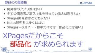 部品化の重要性
•
•
•
•
•

開発物のアプリ数は多い
全ての開発者が高スキルを持っているとは限らない
XPages開発者はとても少ない
Notes開発者は多くはない
XPages＝GUI？・・標準だけでは「部品化には遠い」

XPagesだからこそ
部品化 が求められます
26
Copyright (C) 2013 COMTURE CORPORATION. All rights reserved.

 