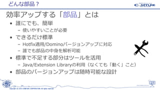 どんな部品？

効率アップする「部品」とは
• 誰にでも、簡単
– 使いやすいことが必要

• できるだけ標準
– Hotfix適用/Dominoバージョンアップに対応
– 誰でも部品の中身を解析可能

• 標準で不足する部分はツールを活用
– Java/Extension Libraryの利用（なくても「動く」こと）

• 部品のバージョンアップは随時可能な設計
27
Copyright (C) 2013 COMTURE CORPORATION. All rights reserved.

 