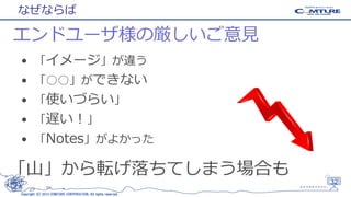 なぜならば

エンドユーザ様の厳しいご意見
• 「イメージ」が違う

• 「○○」ができない
• 「使いづらい」
• 「遅い！」
• 「Notes」がよかった

「山」から転げ落ちてしまう場合も
32
Copyright (C) 2013 COMTURE CORPORATION. All rights reserved.

 