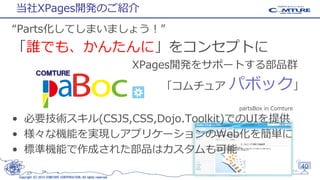 当社XPages開発のご紹介
“Parts化してしまいましょう！”

「誰でも、かんたんに」をコンセプトに
XPages開発をサポートする部品群
ＣＯＭＴＵＲＥ

「コムチュア

パボック」
partsBox in Comture

• 必要技術スキル(CSJS,CSS,Dojo.Toolkit)でのUIを提供
• 様々な機能を実現しアプリケーションのWeb化を簡単に
• 標準機能で作成された部品はカスタムも可能
40
Copyright (C) 2013 COMTURE CORPORATION. All rights reserved.

 